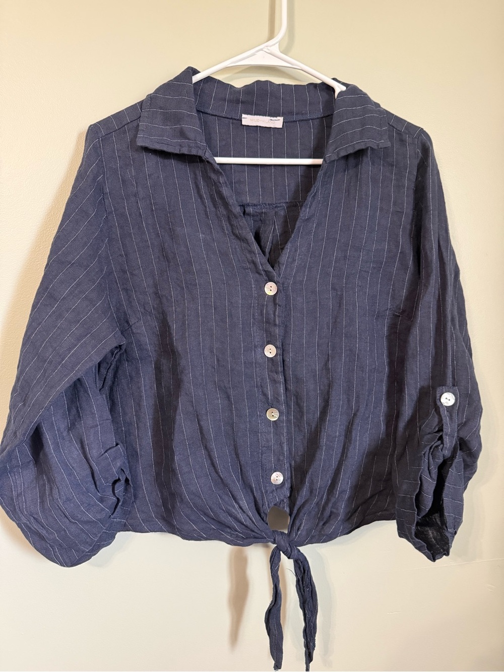 Milio-Milano Navy Striped 100% Italian Linen Front-Tie Shirt